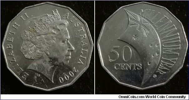 Australia 2000 50 cents commemorating Millennium year. Incuse variety. Nice condition! 