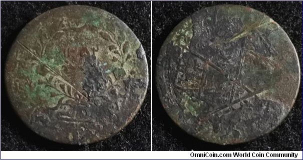 China Uighurstan 1933 20 cash overstruck over an older Chinese coin. Environmental damage. Weight: 13.40g