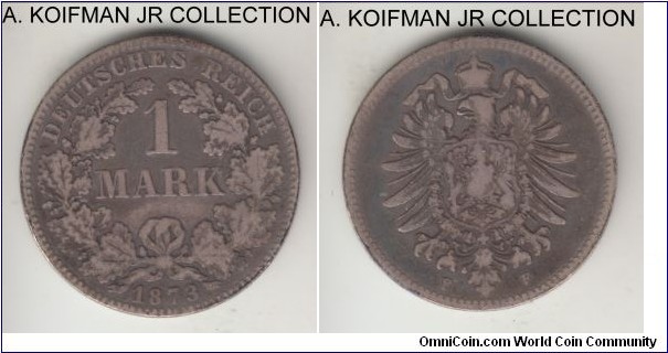 KM-7, 1873 Germany (Empire) mark, Stuttgart mint (F mint mark); silver, reeded edge; Wilhelm I, first united Germany coinage, small mintage of 198,177, fine or about.