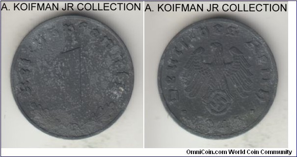 KM-97, 1945 Germany (Third Reich) reichspfennig, Muldenhutten mint (E mint mark); zinc, plain edge; war time struck, very fine or better but typical zinc corrosion.