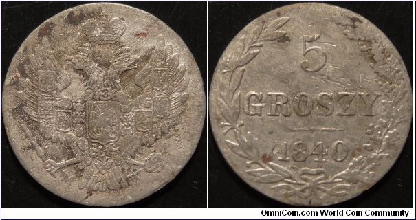 AR 5 Groszy 1840 MW. Poland under Russian occupation. 
