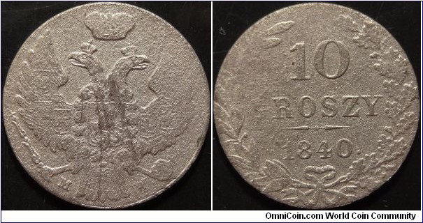 AR 10 Groszy 1840(.) MW. Poland under Russian occupation. 