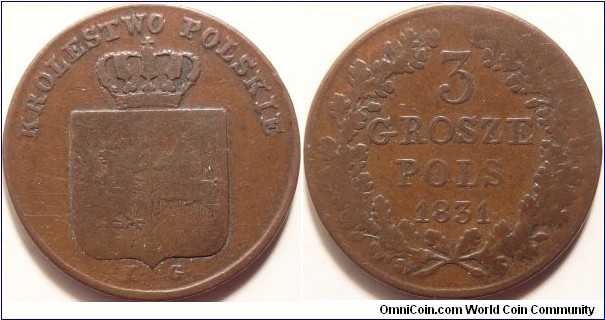 AE 3 Groszy 1831 KG. Polish Rebellion against Russian occupation. 