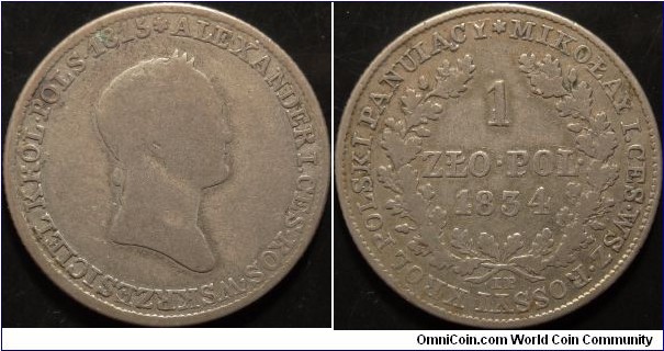 AR 1 Zloty 1834 IP. Poland under Russian occupation.