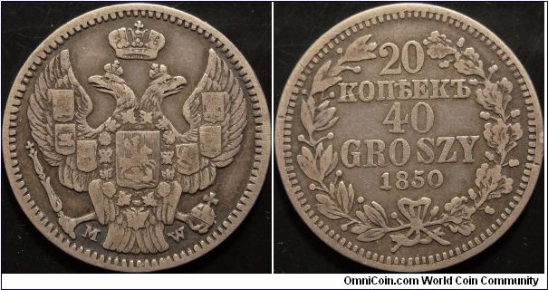 AR 20 kopeck / 40 Groszy MW. Poland under Russian occupation. 