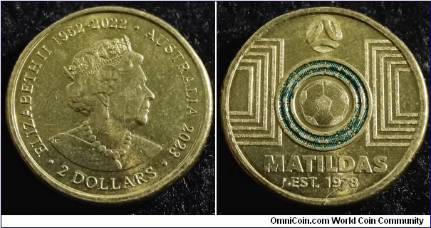 Australia 2023 2 dollars commemorating Matildas. Dark green color. 
