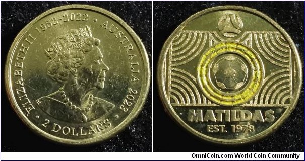 Australia 2023 2 dollars commemorating Matildas. Yellow color. 