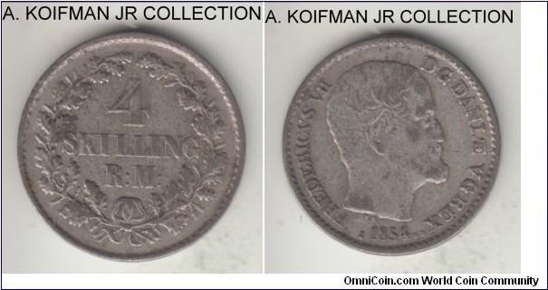 KM-758.1, 1854 Denmark 4 skilling rigsmont; silver, reeded edge; Frederik VII, 1-year type, about very fine.