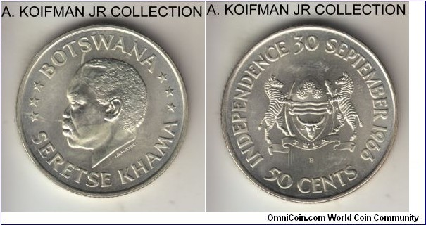 KM-1, 1966 Botswana 50 cents, Berne (Switzerland) mint (B mint mark); silver, reeded edge; Independence issue with Seretse Khama, small mintage of 40,000, lightly toned uncirculated.