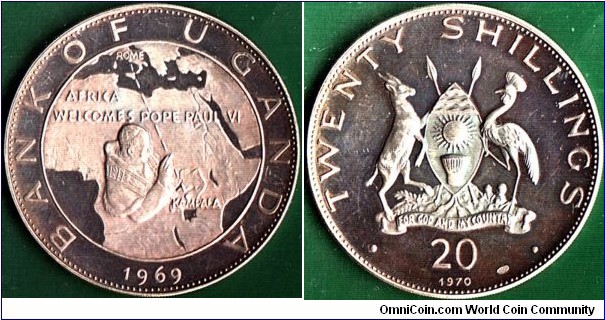 Uganda 1970 20 Shillings.

Visit of Pope Paul VI of Rome to Uganda in 1969.