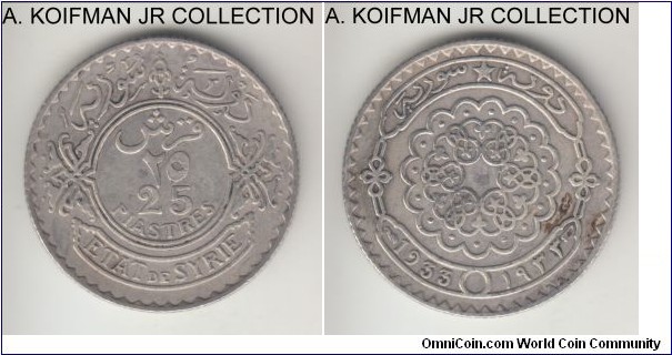 KM-73, 1933 Syria (French Protectorate) 25 piastres, Paris mint; silver, reeded edge; scarcer year, very fine to about extra fine.