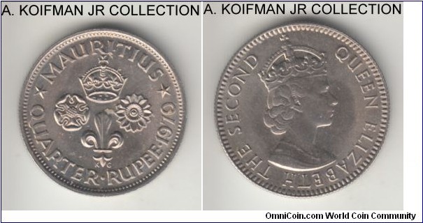 KM-36, 1970 Mauritius 1/4 rupee; copper-nickel, reeded edge; Elizabeth II, somewhat smaller mintage year, uncirculated.