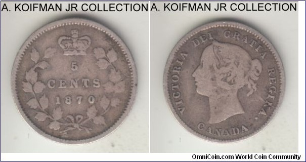 KM-2, 1870 Canada 5 cents, Royal Mint (no mint mark); silver, reeded edge; early Victoria coinage, wide rim variety, good fine.