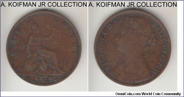 KM-755, 1876 Great Britain penny, Heaton mint (H mint mark); bronze, plain edge; Victoria, looks to be a large date variety, good fine.