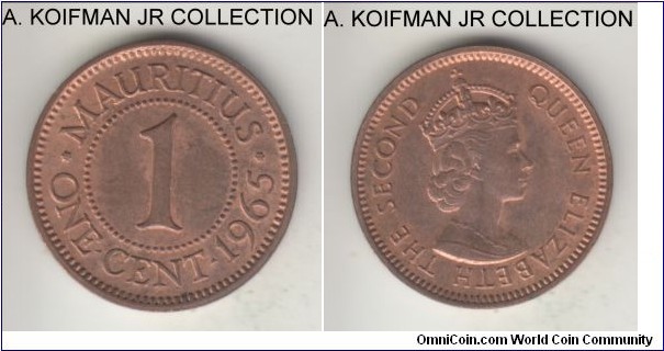 KM-31, 1965 Mauritus cent; bronze, plain edge; Elizabeth II, red brown uncirculated.