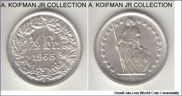 KM-23, 1965 Switzerland 1/2 franc; silver, reeded edge; late silver circulation, uncirculated.