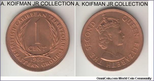KM-2 1955 British Caribbean Territories (East Caribbean) cent; bronze plain edge; Elizabeth II, red uncirculated.