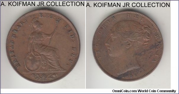 KM-725, 1846 Great Britain farthing; bronze, plain edge; Victoria, smaller mintage year, extra fine or so details, probably cleaned.