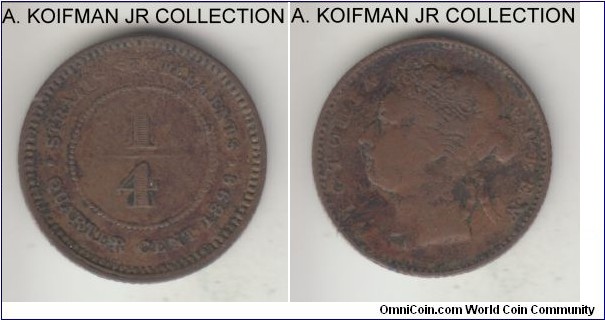 KM-14, 1899 Straits Settlements 1/4 cent; bronze, plain edge; Victoria, very good or almost details.