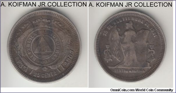 KM-50a, 1901 Honduras 25 centavos; silver, reeded edge; scarce, first 1 in date was re-cut, very fine or about.