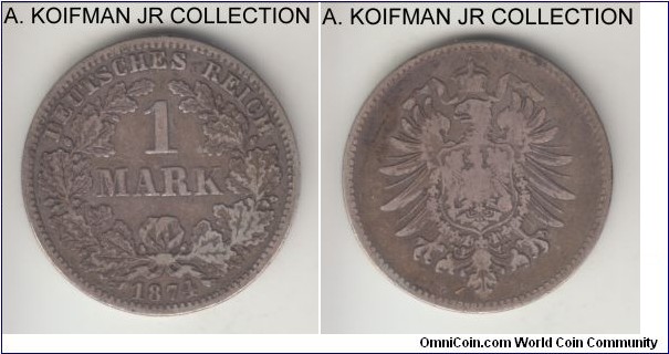 KM-7, 1874 Germany (Empire) mark, Karlsruhe mint (G mint mark); silver, reeded edge; Wilhelm I, good fine.