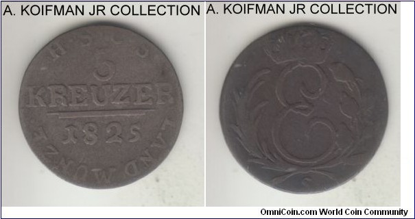 KM-128, 1825 German States Saxe-Coburg-Saalfeld 3 kreuzer; billon, plain edge; Ernest I, Duke of Saxe-Coburg-Saalfeld, S mint master initial, fine or so, toned appropriately.