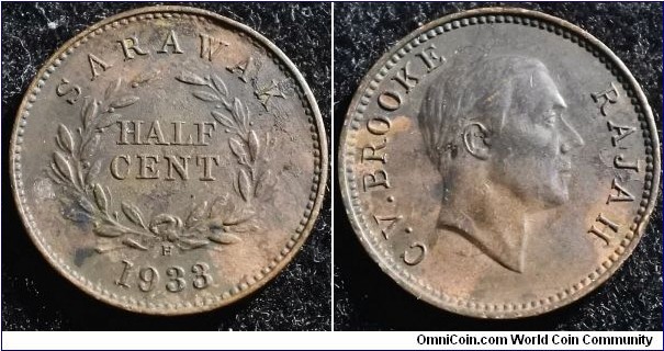 Sarawak 1933 1/2 cent. Seems to be rather uncommon. Weight: 3.02g