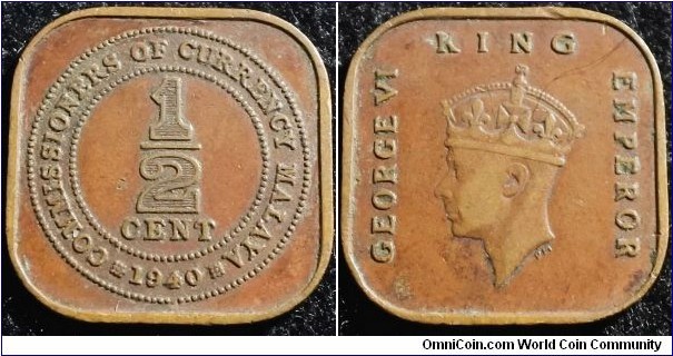 Malaya 1940 1/2 cent. Weight: 2.82g