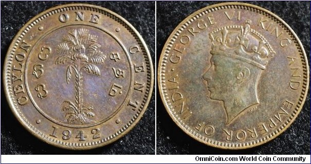 Sir Lanka 1942 1 cent. Nice condition! Weight: 4.72g