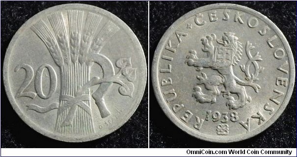 Czechoslovakia 1938 20 Haleru. Nice condition. Weight: 3.29g