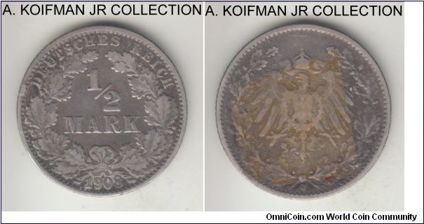 KM-17, 1908 Germany (Empire) 1/2 mark, Hamburg mint (J mint mark); silver, reeded edge; Wilhelm II, about very fine.