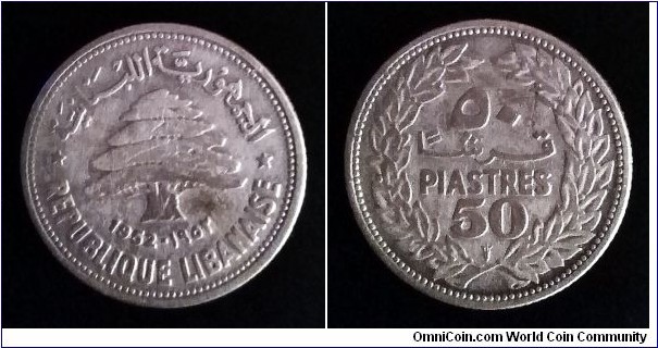 Lebanon 50 piastres. 1952, Ag 600. Royal Dutch Mint.