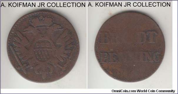 KM-Tn2, ND (1739-1740) German State Free City of Cologne bread token; copper; BRODT PENNIG (bread pfennig) token was issued to relief high bread prices for the poor, uncommon, well circulated very good.