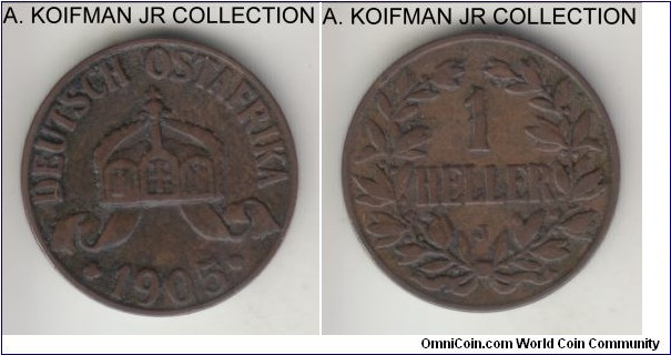 KM-7, 1905 German East Africa heller, Hamburg mint (J mint mark); bronze, plain edge; Wilhelm II colonial issue, dark toned very fine or about.