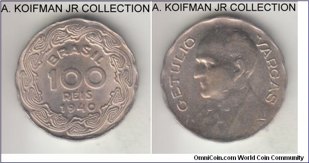 KM-544, 1940 Brazil 100 reis; copper-nickel, scalloped flan, plain edge; Getulio Vargas circulation coinage, uncirculated or almost.