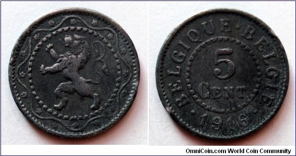 Belgium 5 centimes. 1916, Zinc. German occupation coinage