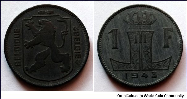 Belgium 1 franc. 1943, Zinc. BELGIQUE-BELGIE.