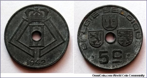 Belgium 5 centimes. 1942, Zinc. BELGIE-BELGIQUE. 