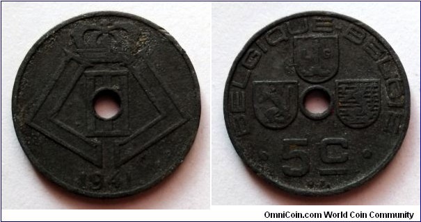 Belgium 5 centimes. 1941, Zinc. BELGIE-BELGIQUE.