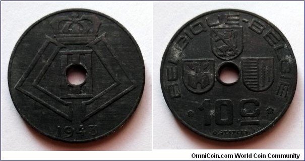Belgium 10 centimes. 1943, Zinc. BELGIQUE-BELGIE.
