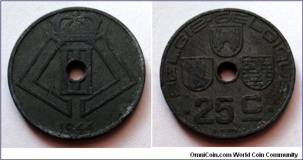 Belgium 25 centimes. 1944, Zinc. BELGIE-BELGIQUE.