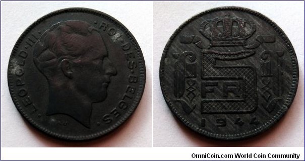 Belgium 5 francs. 1944, Zinc.