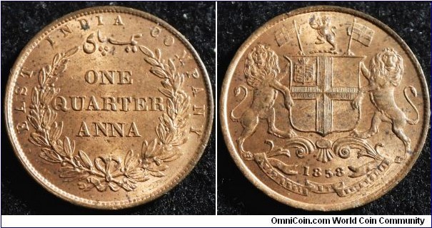 India 1858 quarter anna. Nice red color! Weight: 6.53g