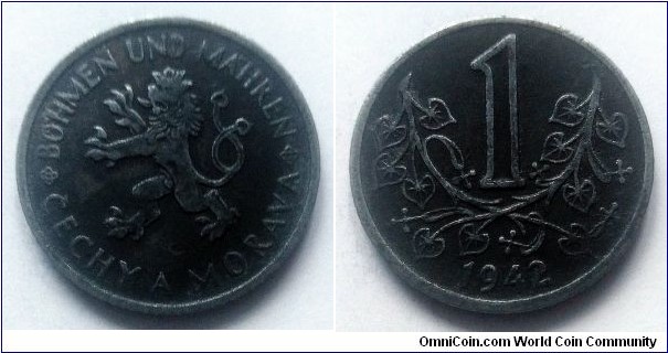 Protectorate of Bohemia and Moravia 1 koruna. 1942, Zinc.