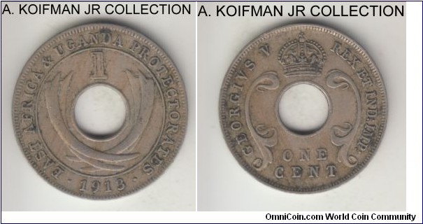
KM-7, 1913 British East Africa & Uganda cent, Royal Mint (no mint mark); copper-nickel, holed flan, plain edge; George V, average circulated, about very fine details.