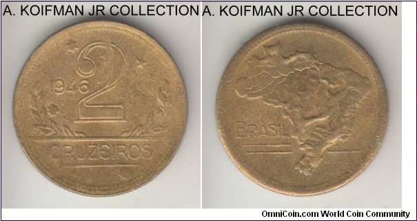 KM-559, 1946 Brazil 2 cruzeiros; aluminum-bronze, reeded edge; Brazil map design, average uncirculated.