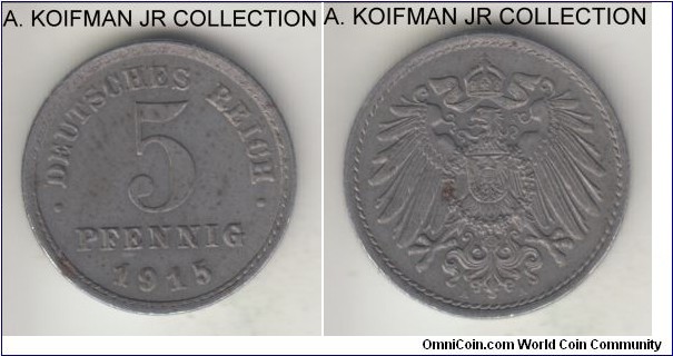KM-19, 1915 Germany (Empire) 5 pfennig, Berlin mint (A mint mark); zinc clad iron, reeded edge; Wilhelm II, uncirculated, some minor toning.