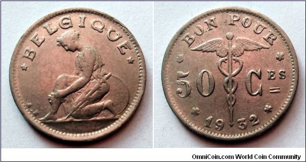 Belgium 50 centimes. 1932, Belgique.