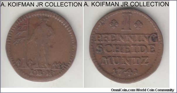 KM-215.2, 1741 German States Brunswick-Luneburg-Calenberg-Hanover pfennig; copper, plain edge; Duke George II, good fine or better.