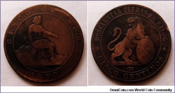 Spain (Provisional Government) 5 centimos. 1870 OM